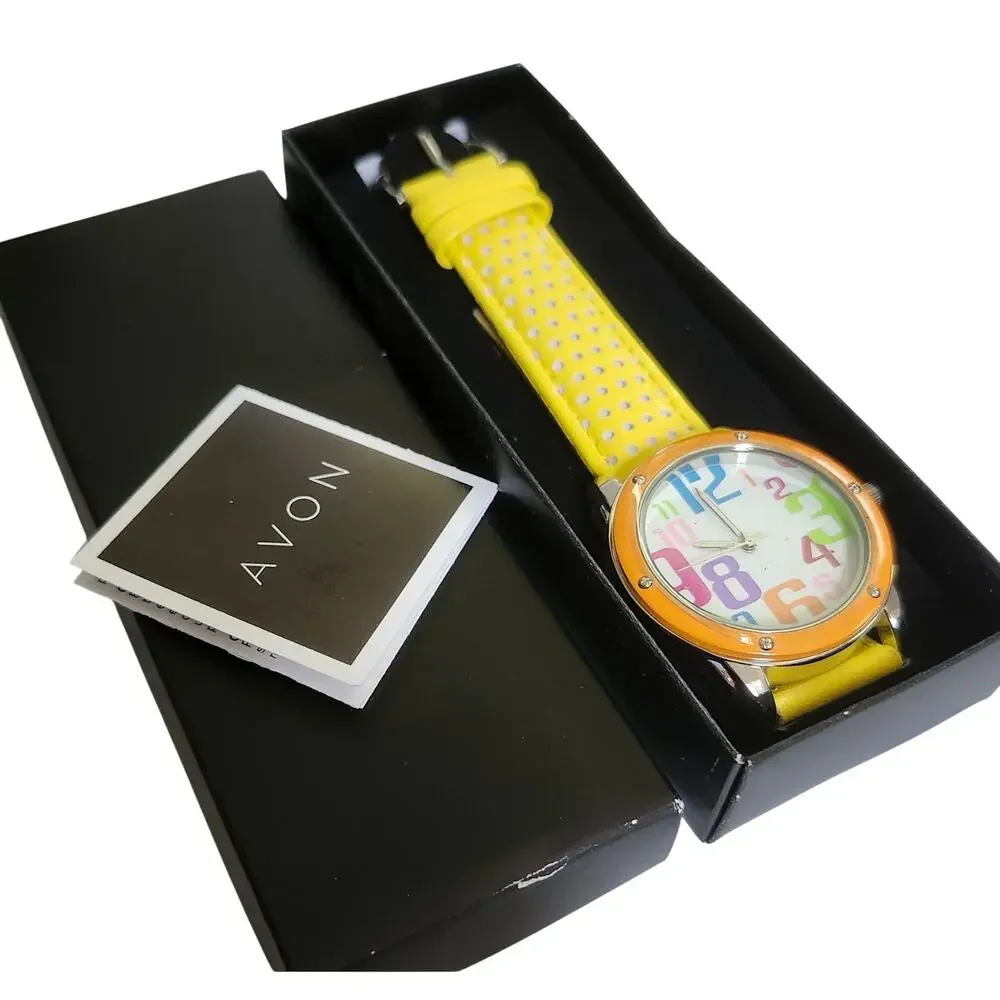 NIB Avon Colorful Rainbow Pop Art Number Dial Yellow Quartz Watch